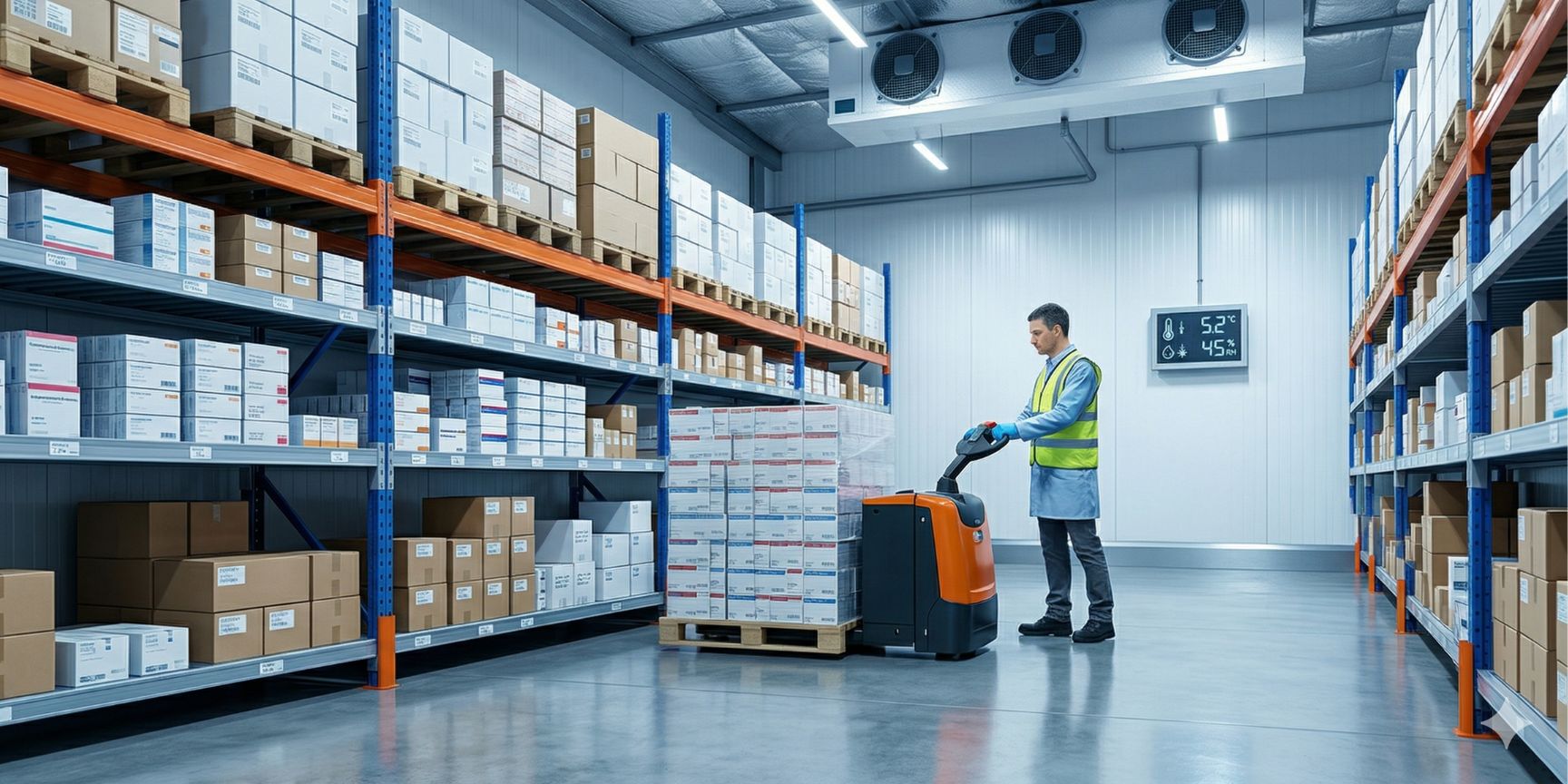 Foto eines temperaturgeführten GDP-Pharmalagers. Ein Logistikmitarbeiter bedient einen Hubwagen in einem klinischen Hochregallager. Ein Wandsensor überwacht die Temperatur. SEO, barrierefrei.